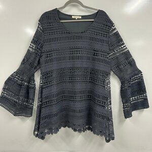 Indigo Soul XL Boho Crochet Lace Bell Sleeve Top Blue Festival Bohemian Blouse